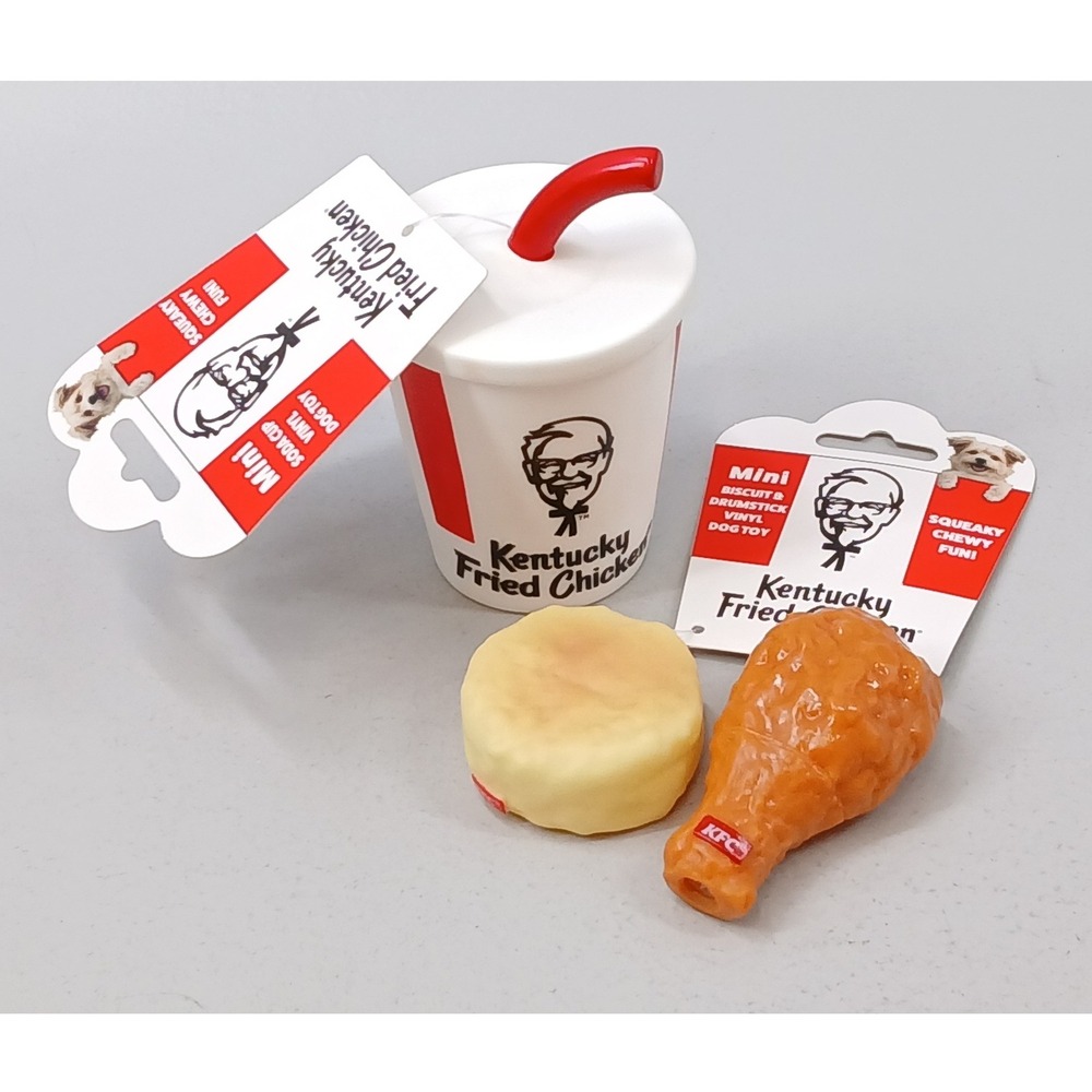KFC Dog Toy 3pc Set Mini Soda Cup Biscuit Drumstick Small Dogs Red White